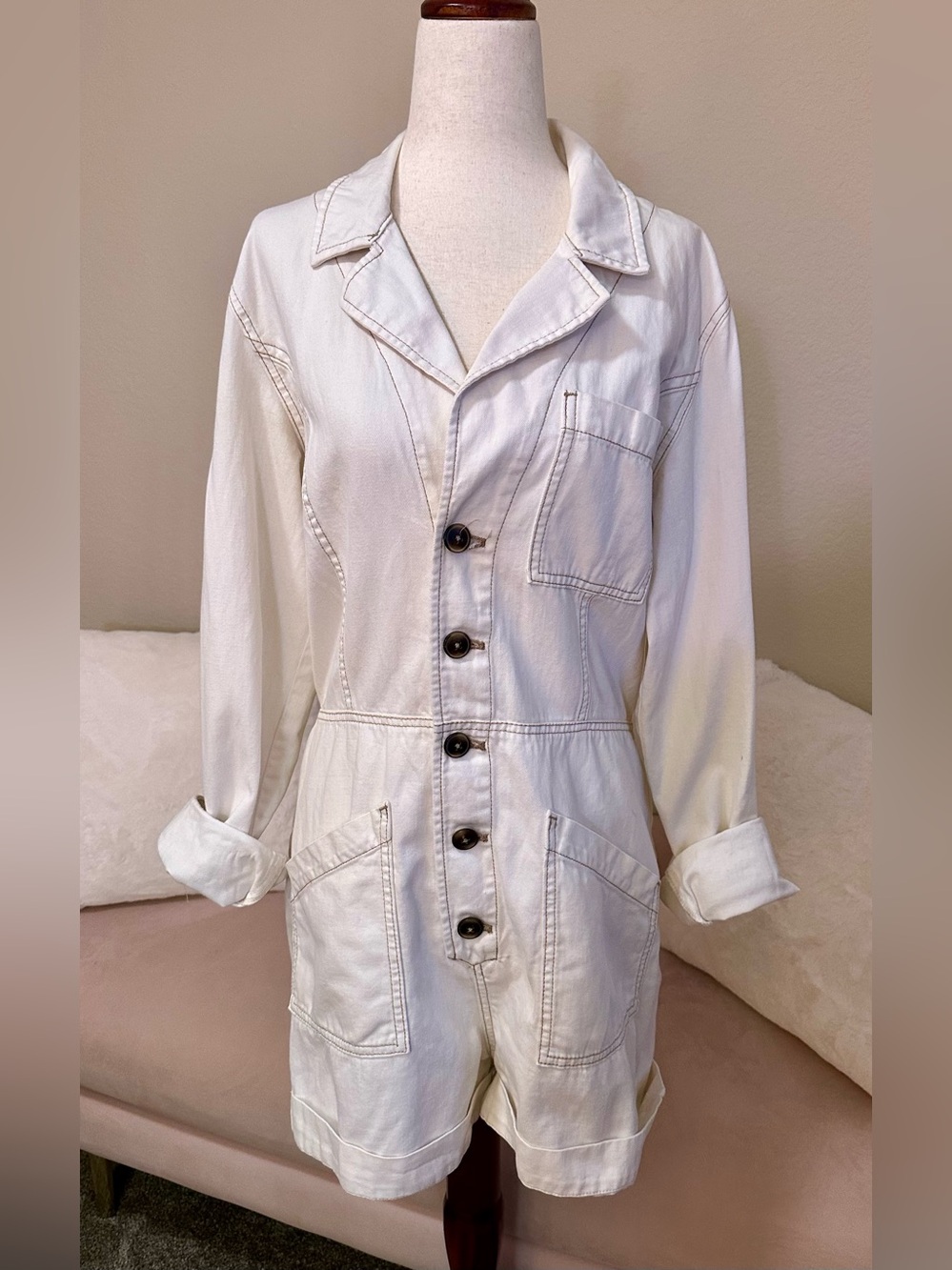 Free People Elaine Utility Shortalls Jumpsuit Romper Ivory Cotton Linen Small